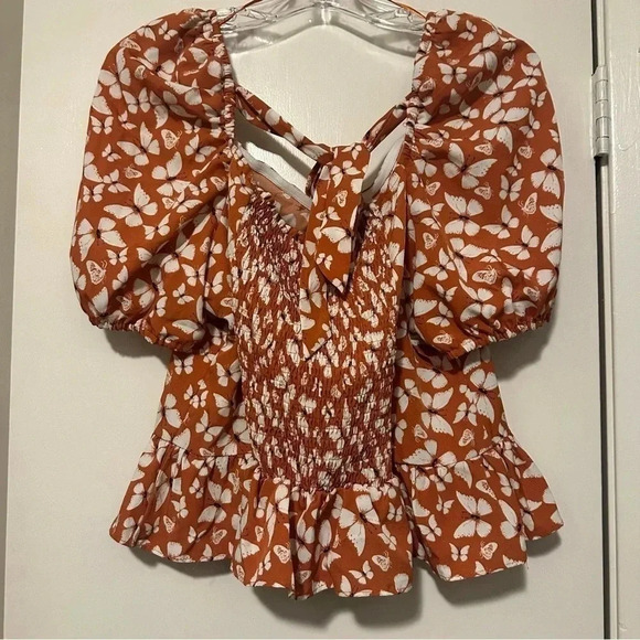 Milk & Honey Orange Butterfly Corset Puff Sleeve Blouse Size XL - Picture 3 of 6